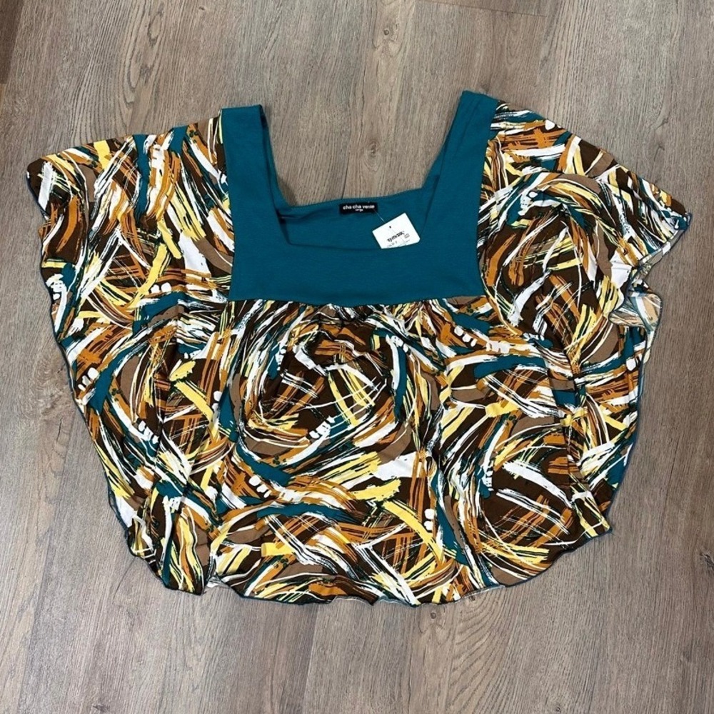 Cha Cha Vente Y2K Top Abstract Swirl Dolman Sleeve Blouse Teal Large Deadstock